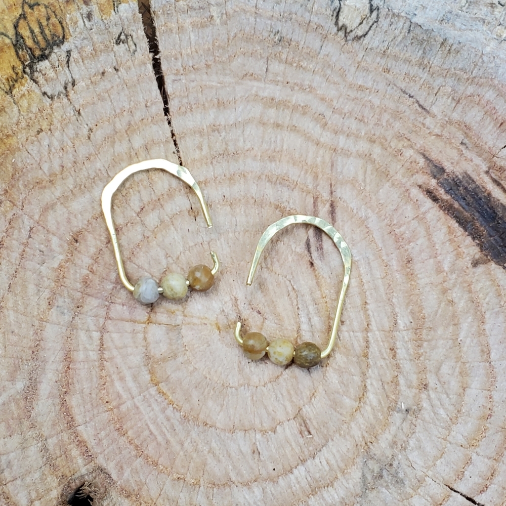 Handmade hammered semi-precious jasper modern minimalist boho earrings. 1 pair - Picture 8 of 14